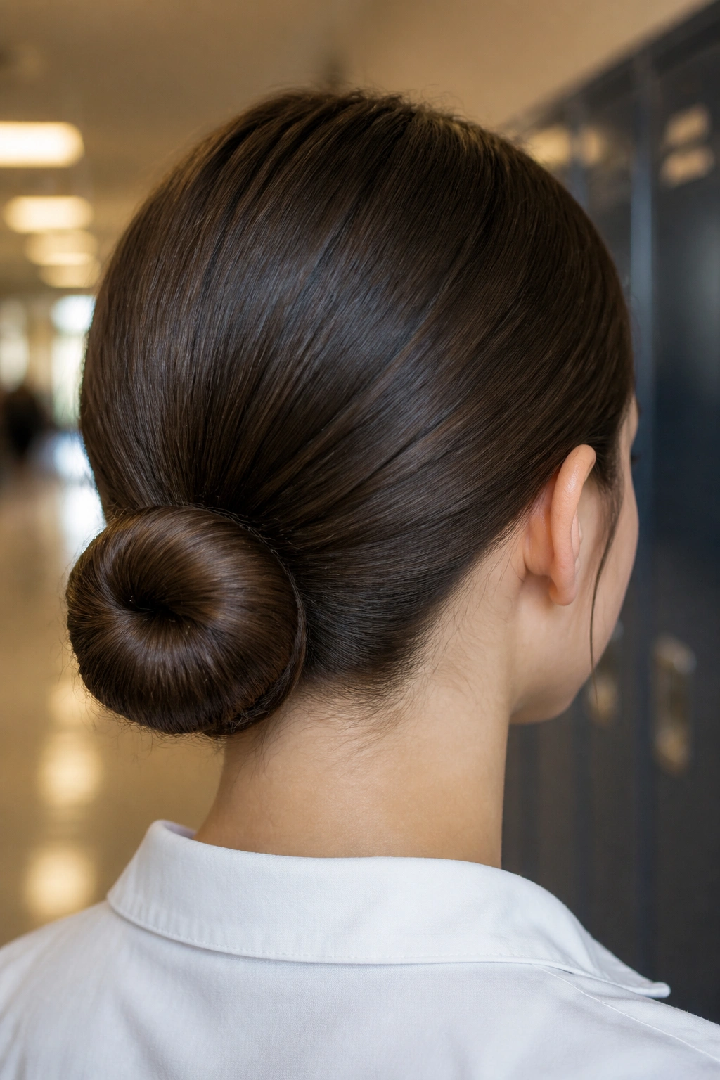 Close-up back view of a real student with a sleek low bun at the nape