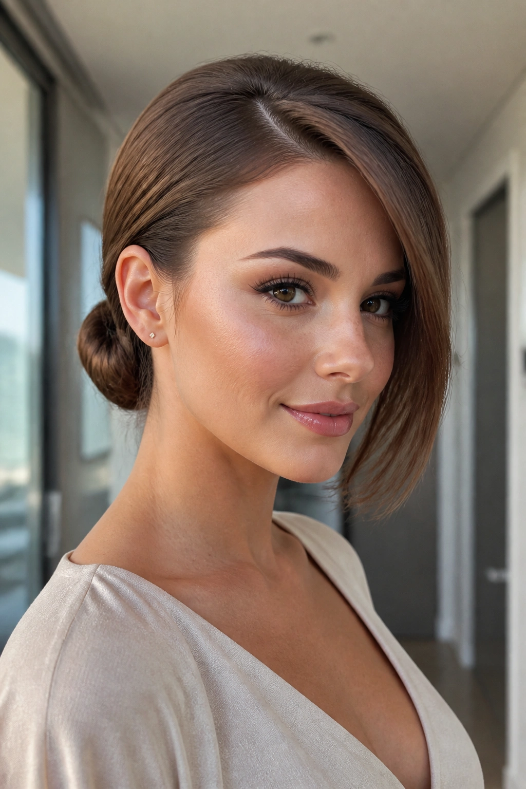 Close-up of sleek low bun with long side sweep on real woman