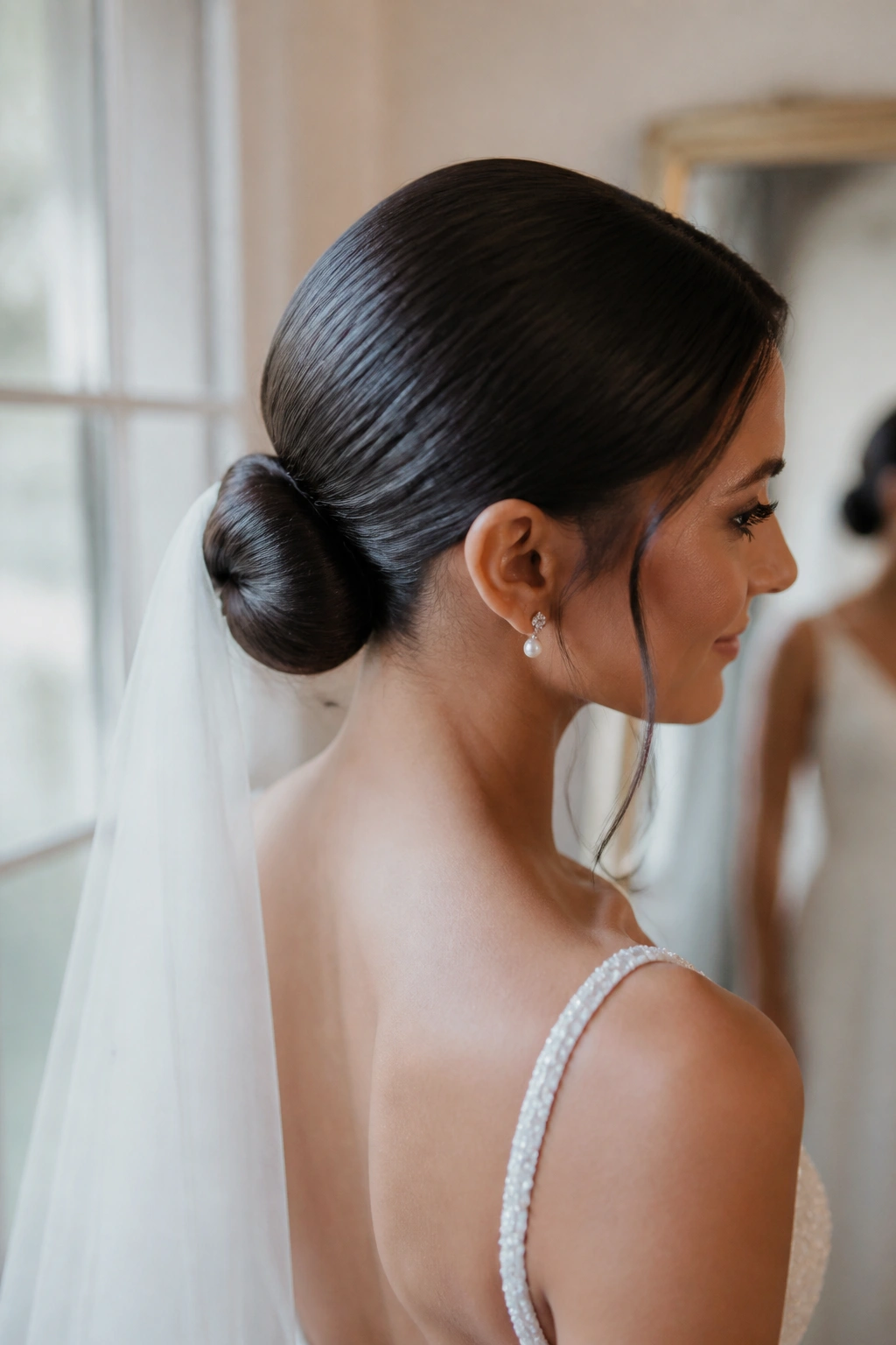 Close-up of a real bride's sleek low chignon at the nape of the neck