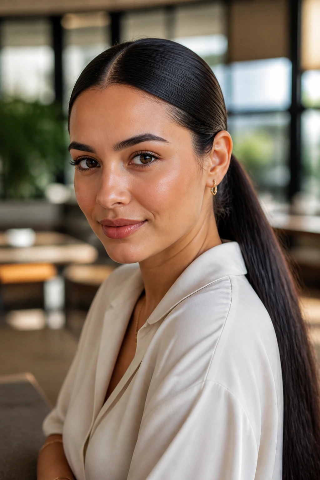 Close-up of a real woman with a sleek center-part and low ponytail