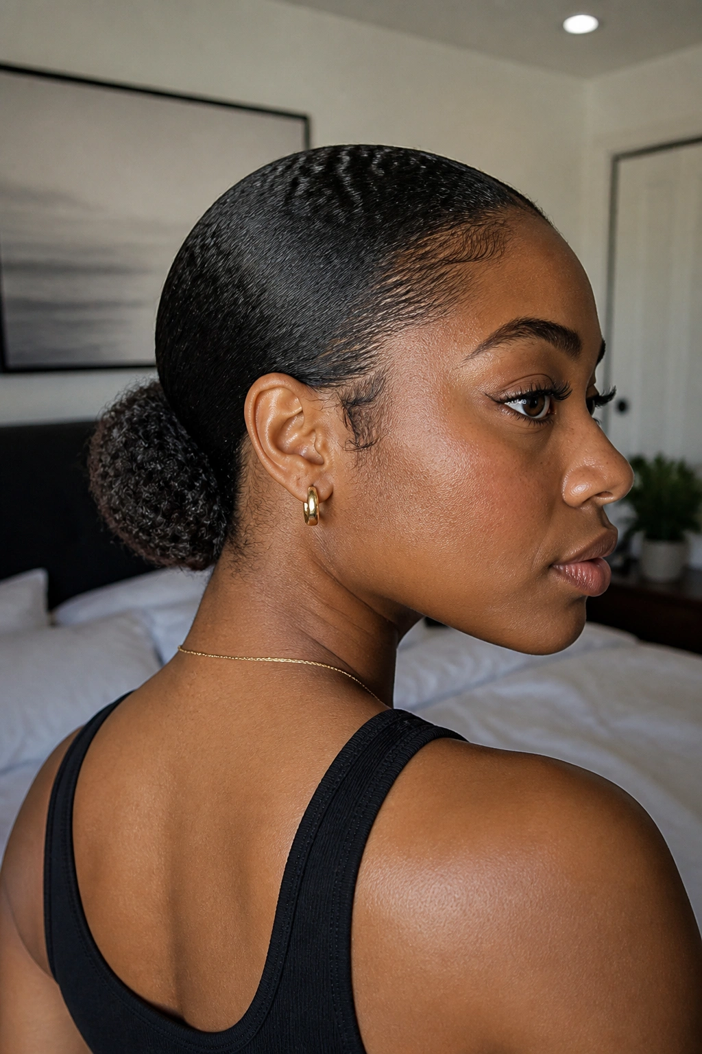 Close-up of a real person with a sleek low puff at the nape