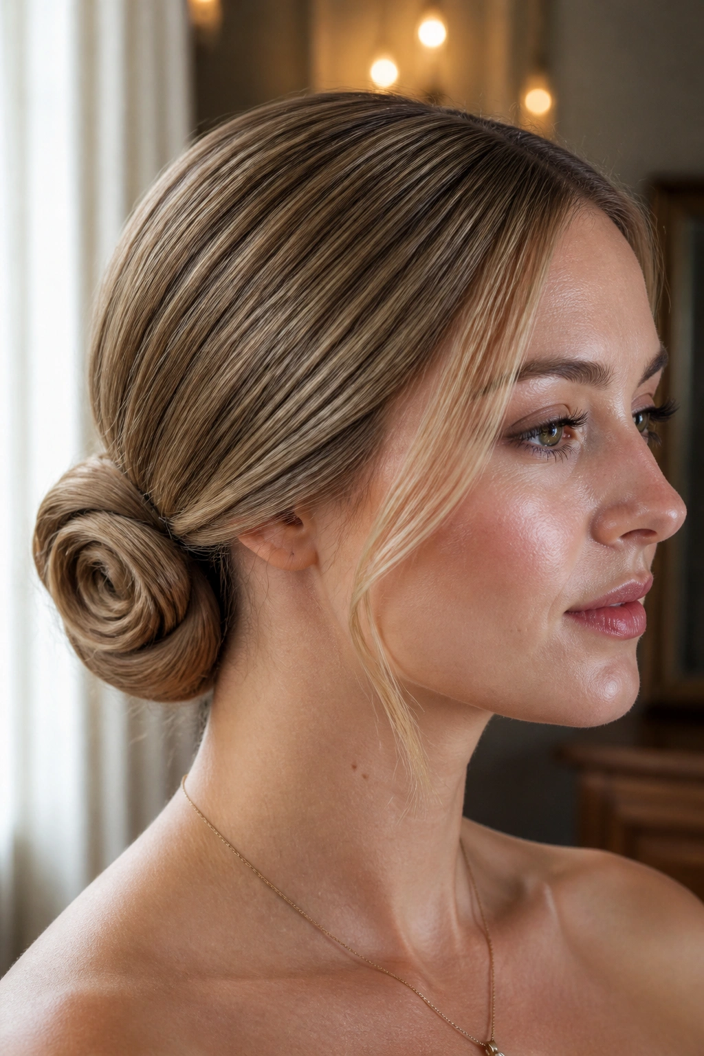 Close-up portrait of a real woman with a sleek low rose bun for fine hair under soft window light
