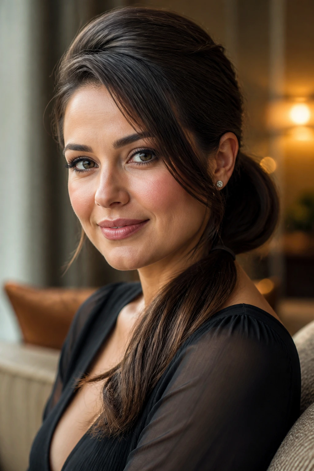 Real woman with a sleek low side ponytail and crown volume in warm ambient light.
