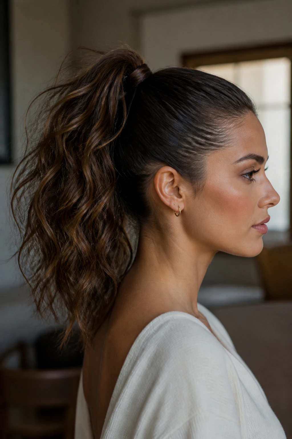 Side-profile of a real woman showing sleek root and textured messy length