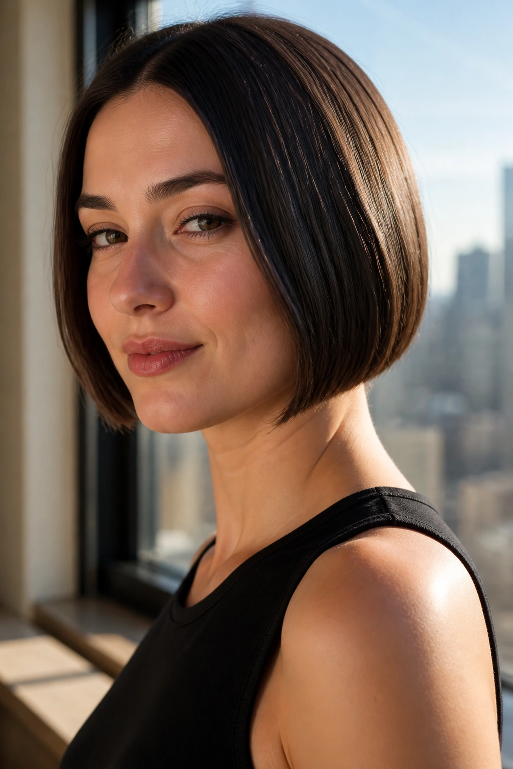 Close-up portrait of a real woman with a sleek micro bob hugging the jawline in warm window light