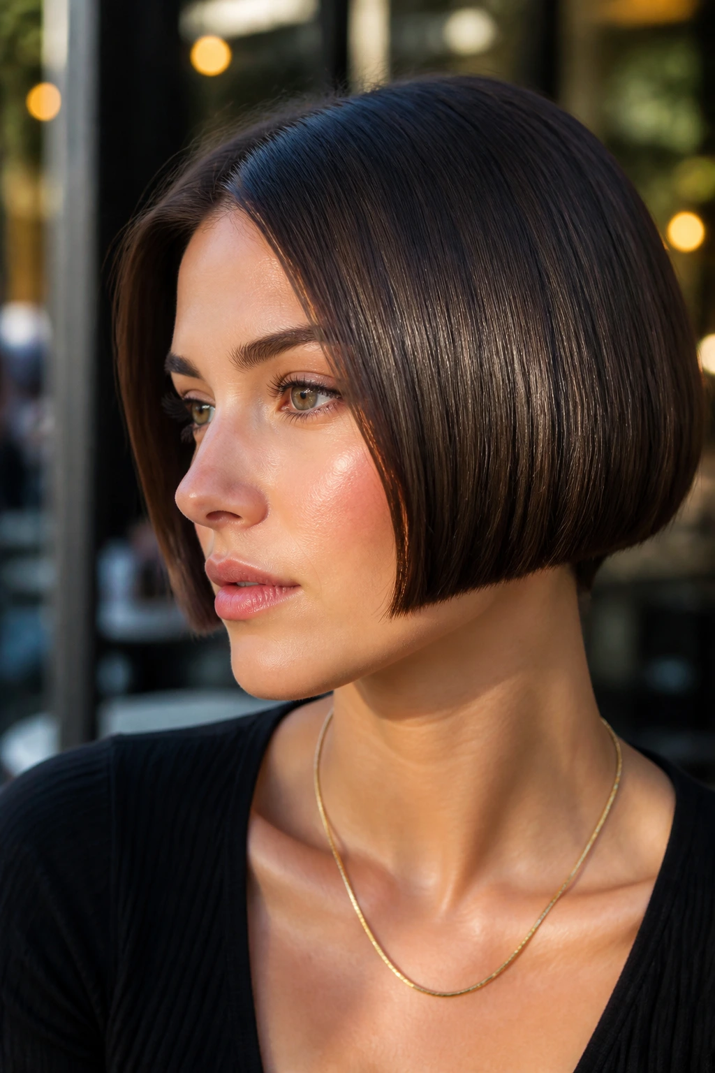 Close-up portrait of a woman with a sleek micro bob in bright urban light