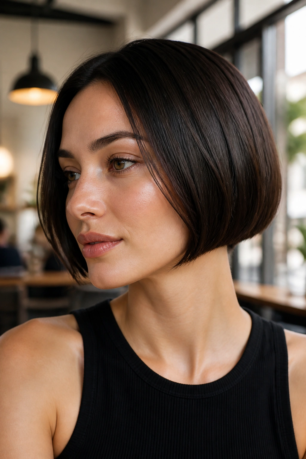 Close-up of a real woman with a sleek micro bob and tucked ends
