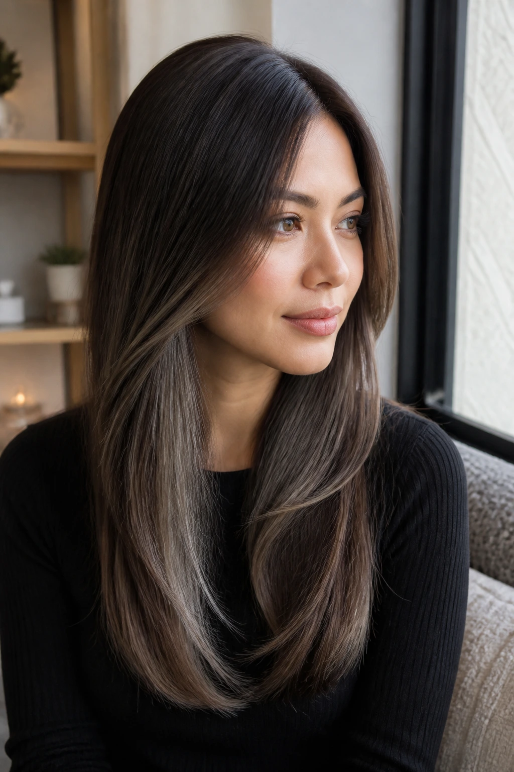 Portrait of a real woman with sleek mid-back ash ribbons balayage hidden in interior layers.