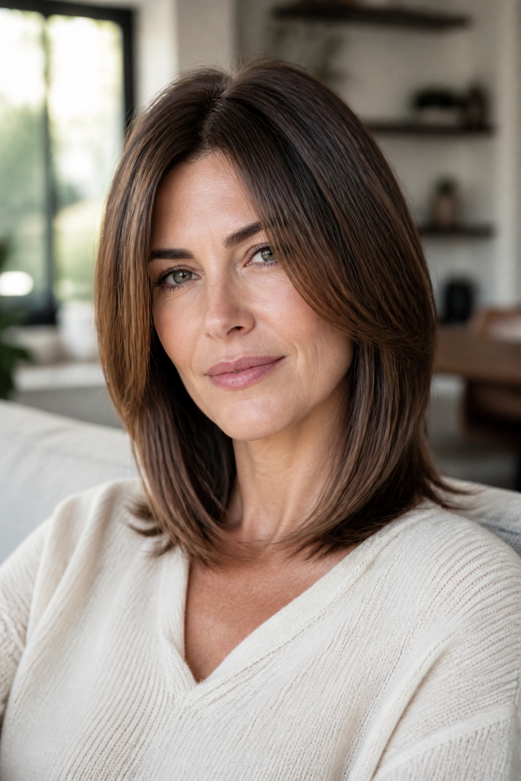 Portrait of a real woman with a sleek mid-length cut and cheekbone layers.