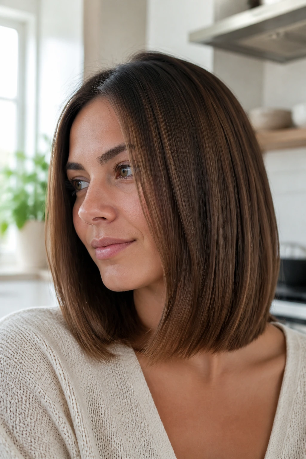 Close-up portrait of a real woman with a sleek mid-length cut for air-dry days.