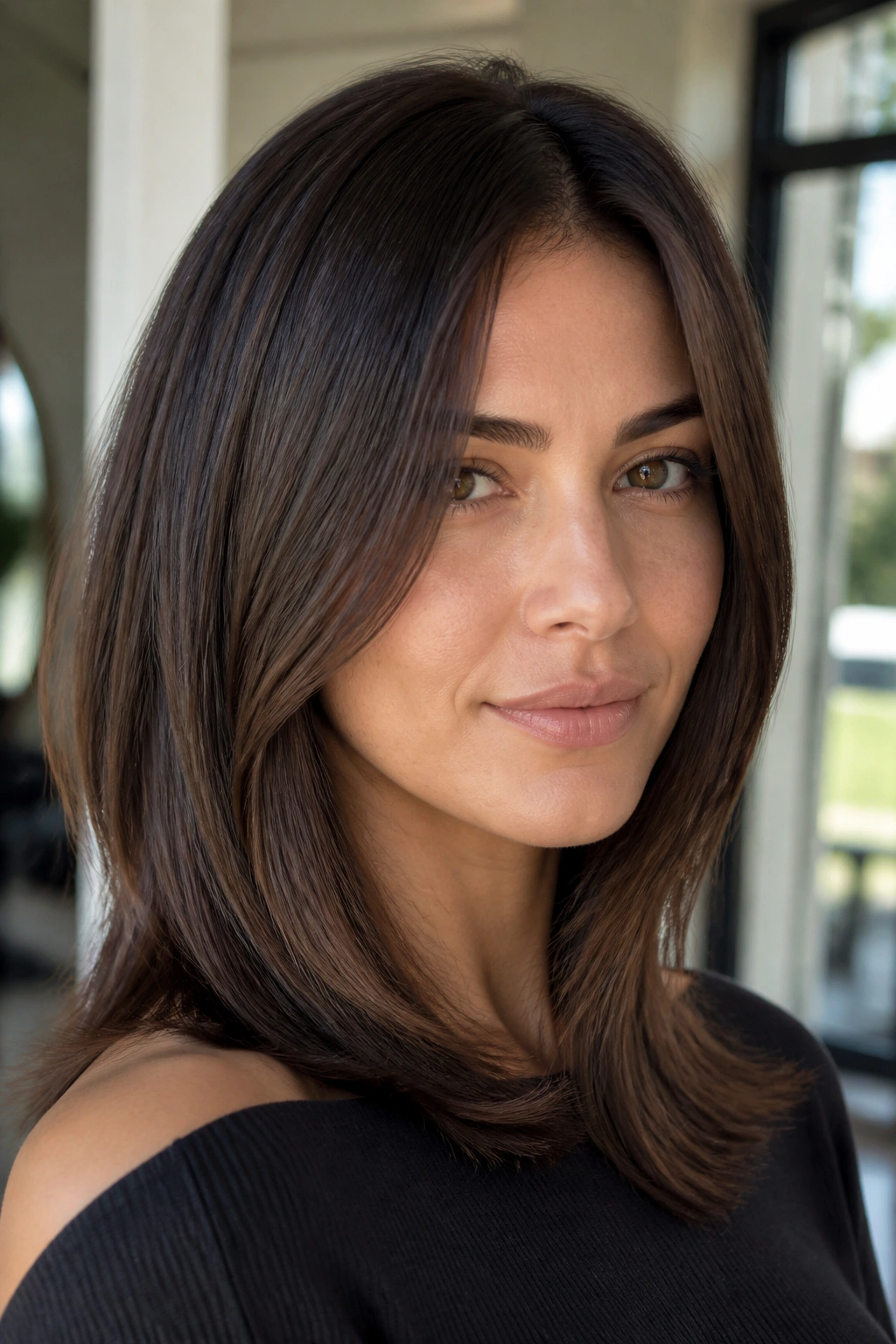 Close-up of a real woman with a sleek mid-length cut with micro-layers.