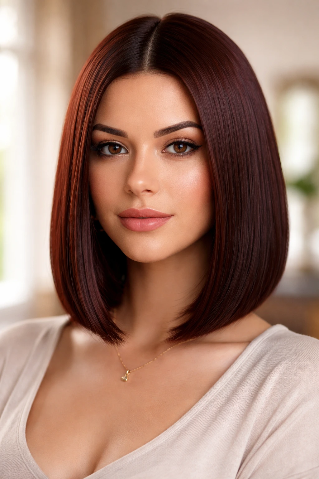 Close-up of a real woman with a sleek middle-part bob in mahogany
