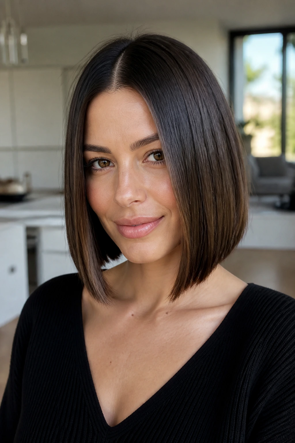 Close-up of a real woman with a sleek middle-part bob