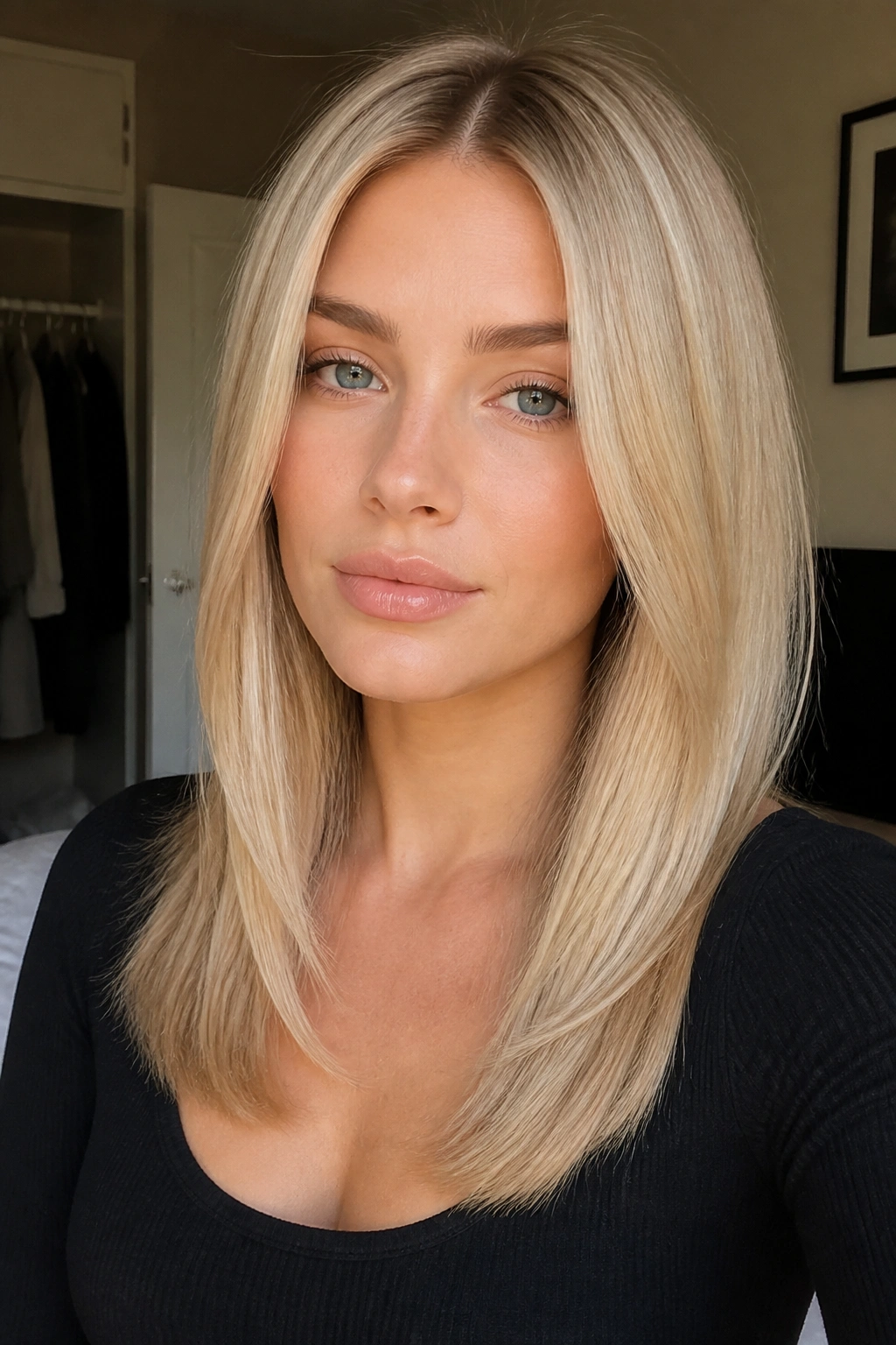Close-up of a woman with sleek middle-part layers and pearl blonde hair