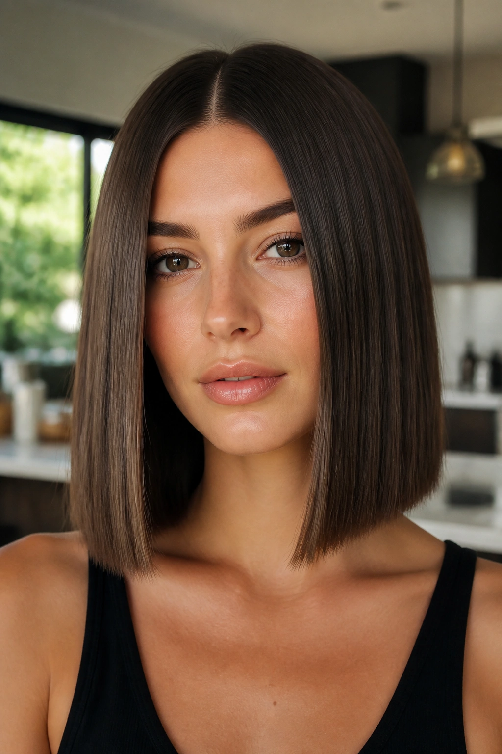 Close-up of a real woman with a sleek middle-part lob
