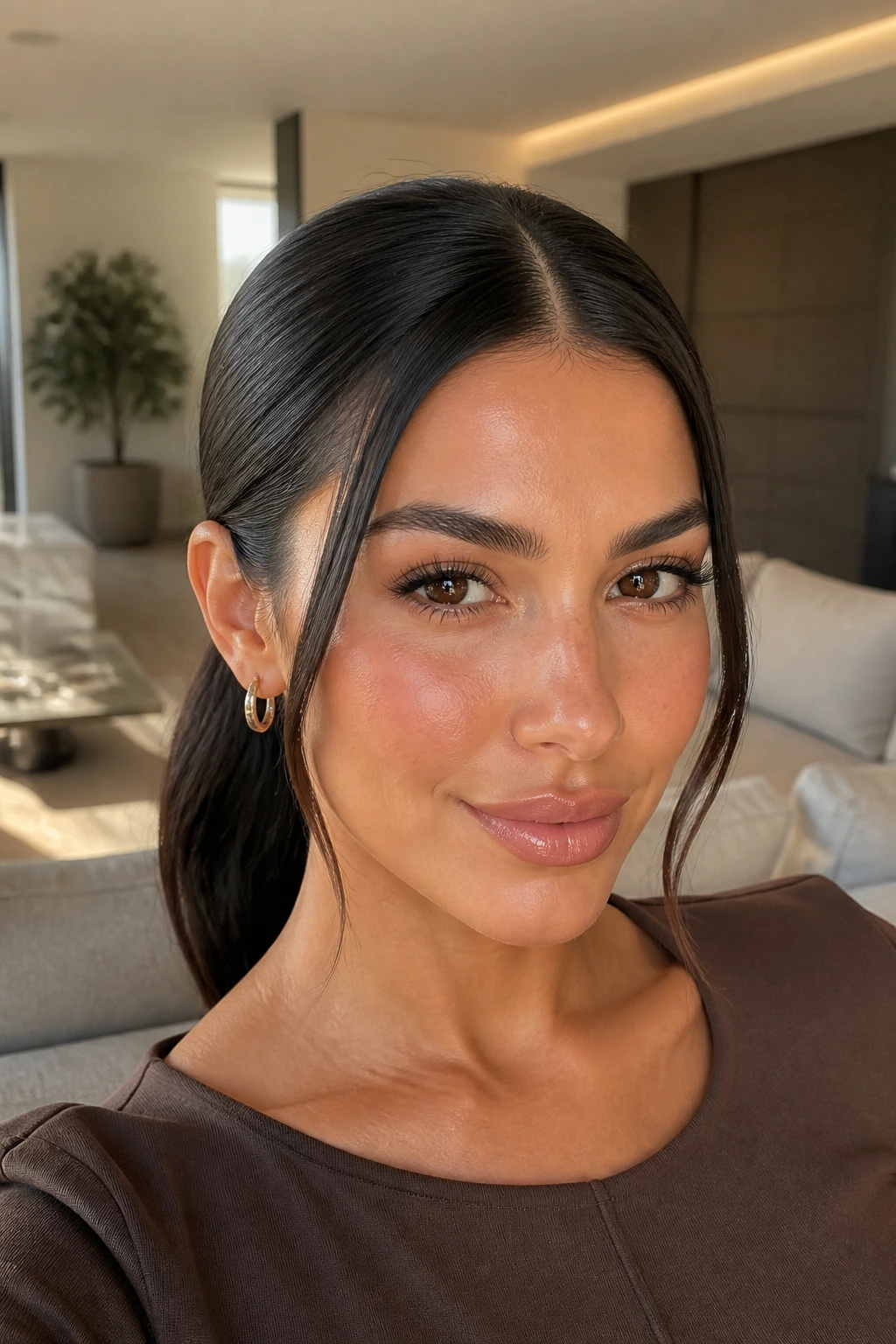 Close-up of a real woman with a sleek middle-part ponytail and cheekbone front pieces.