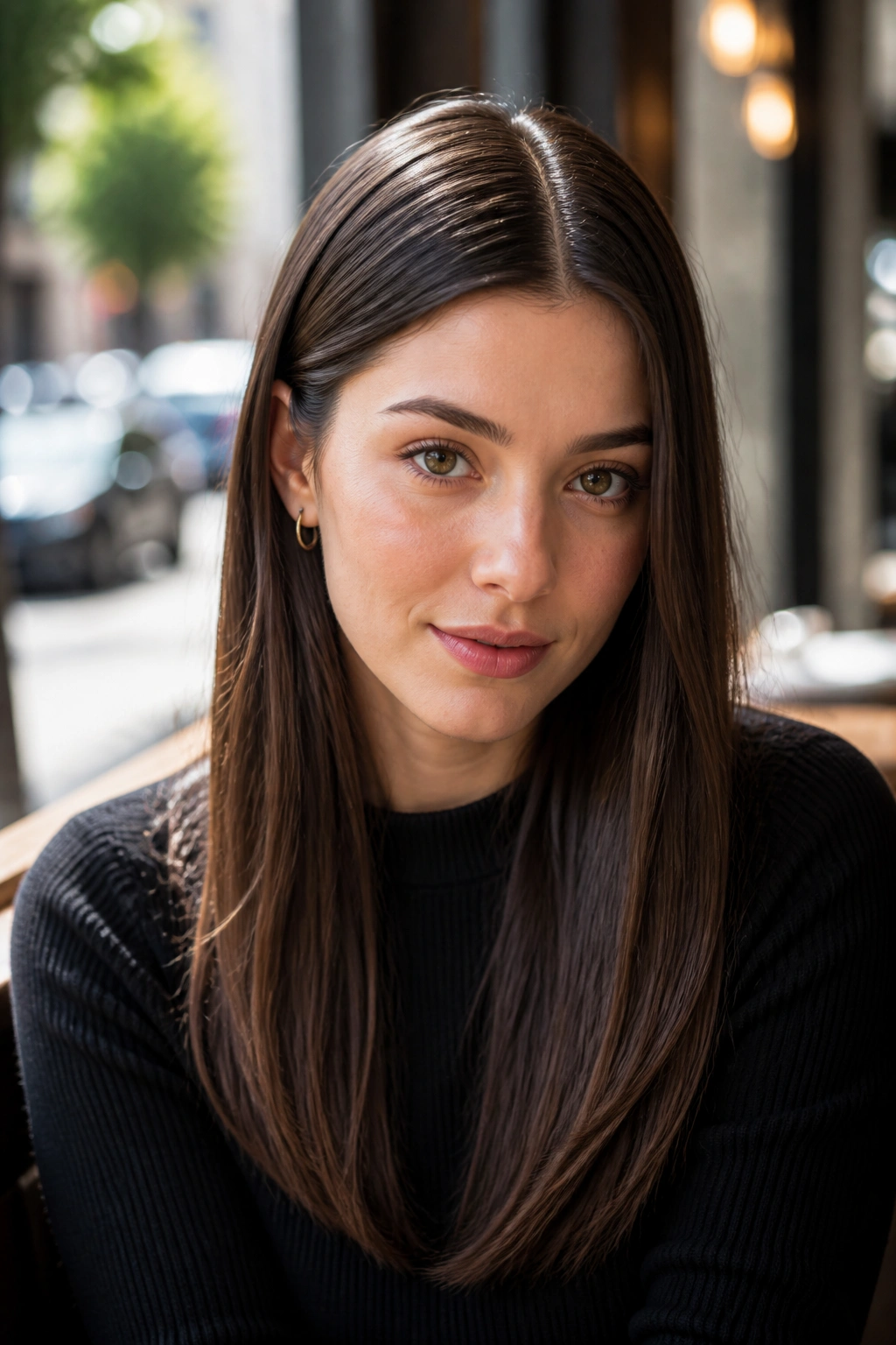 Close-up portrait of a real person with a sleek middle part in a bright cafe setting