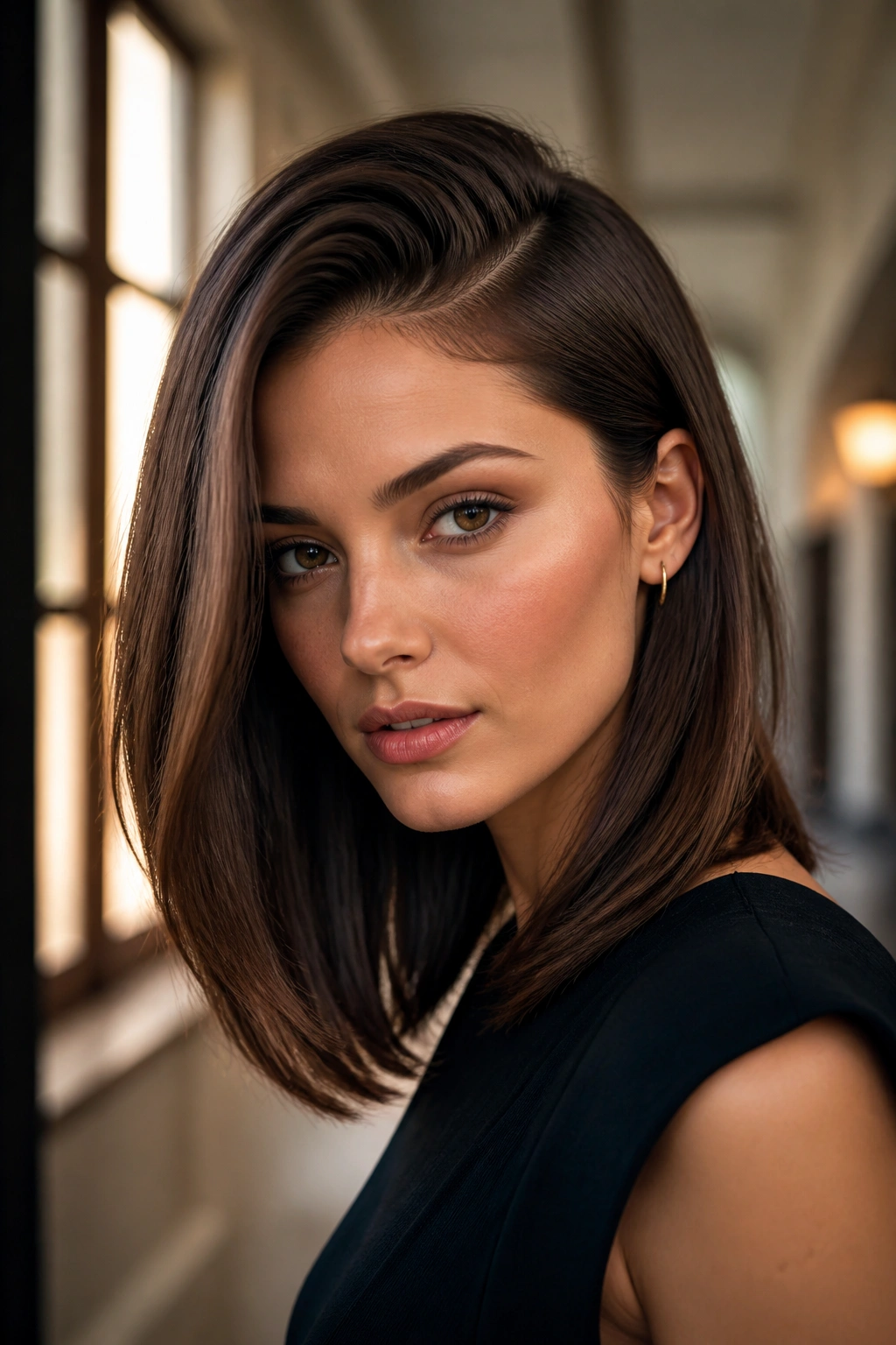 Close-up of real person with sleek midi cut and deep side part in a warm hallway setting.