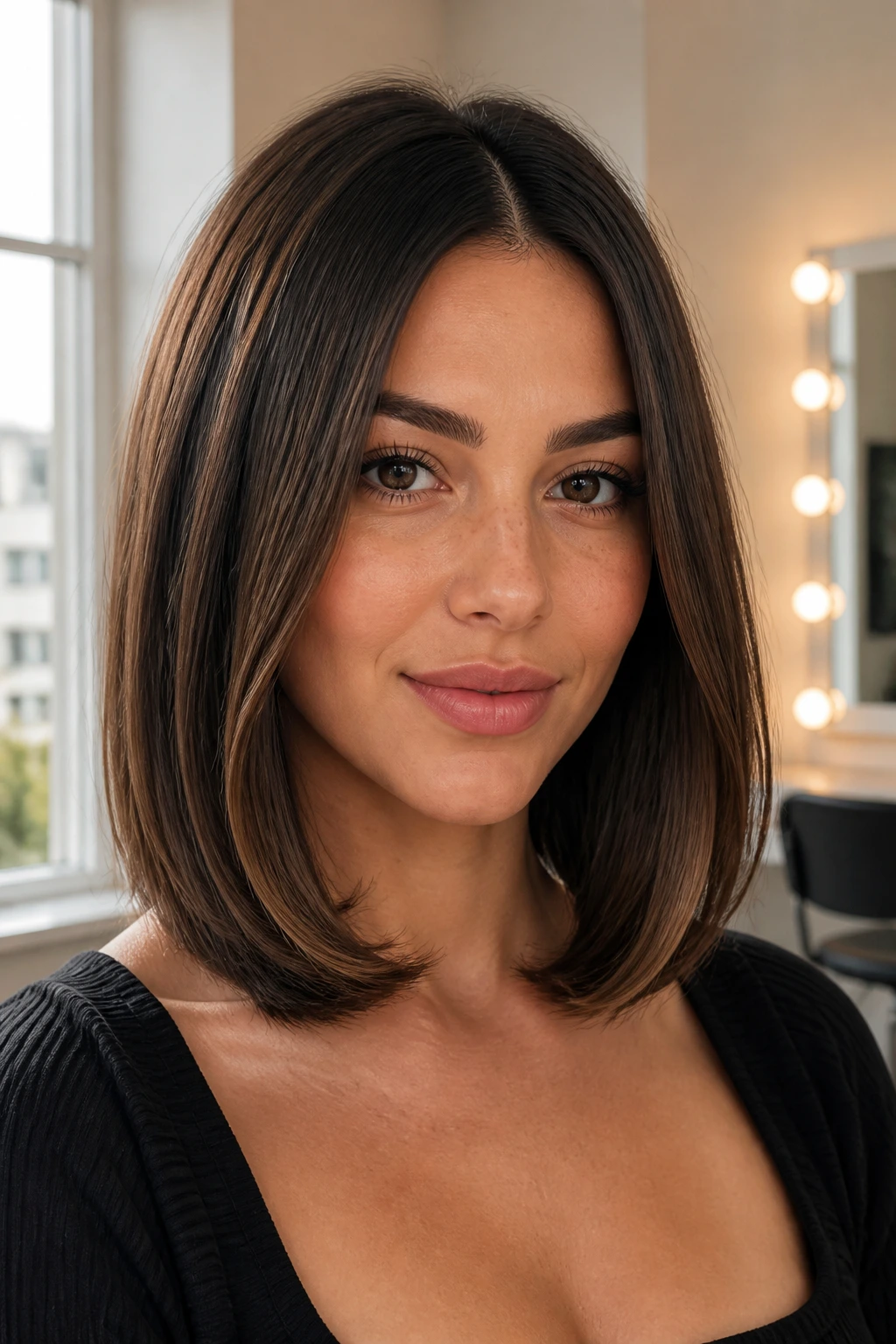 Close-up portrait of a real woman with a sleek mid-length cut with tucked ends, natural window light.