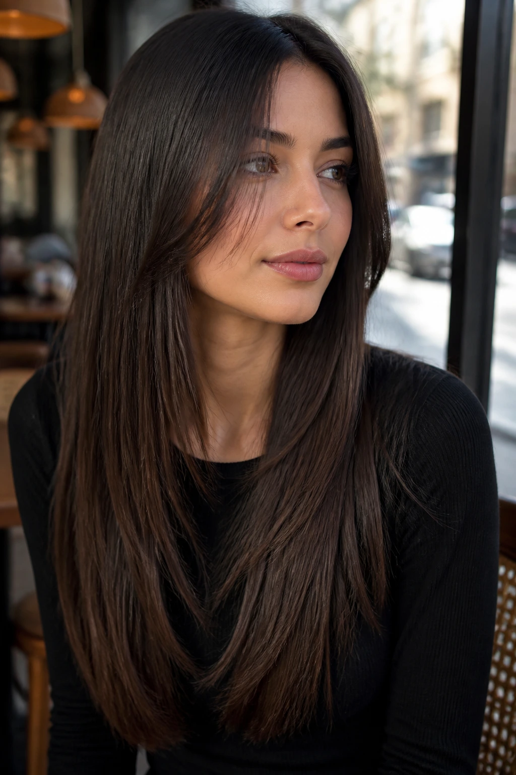 Close-up portrait of a real woman with sleek straight hair and minimal layers in natural light