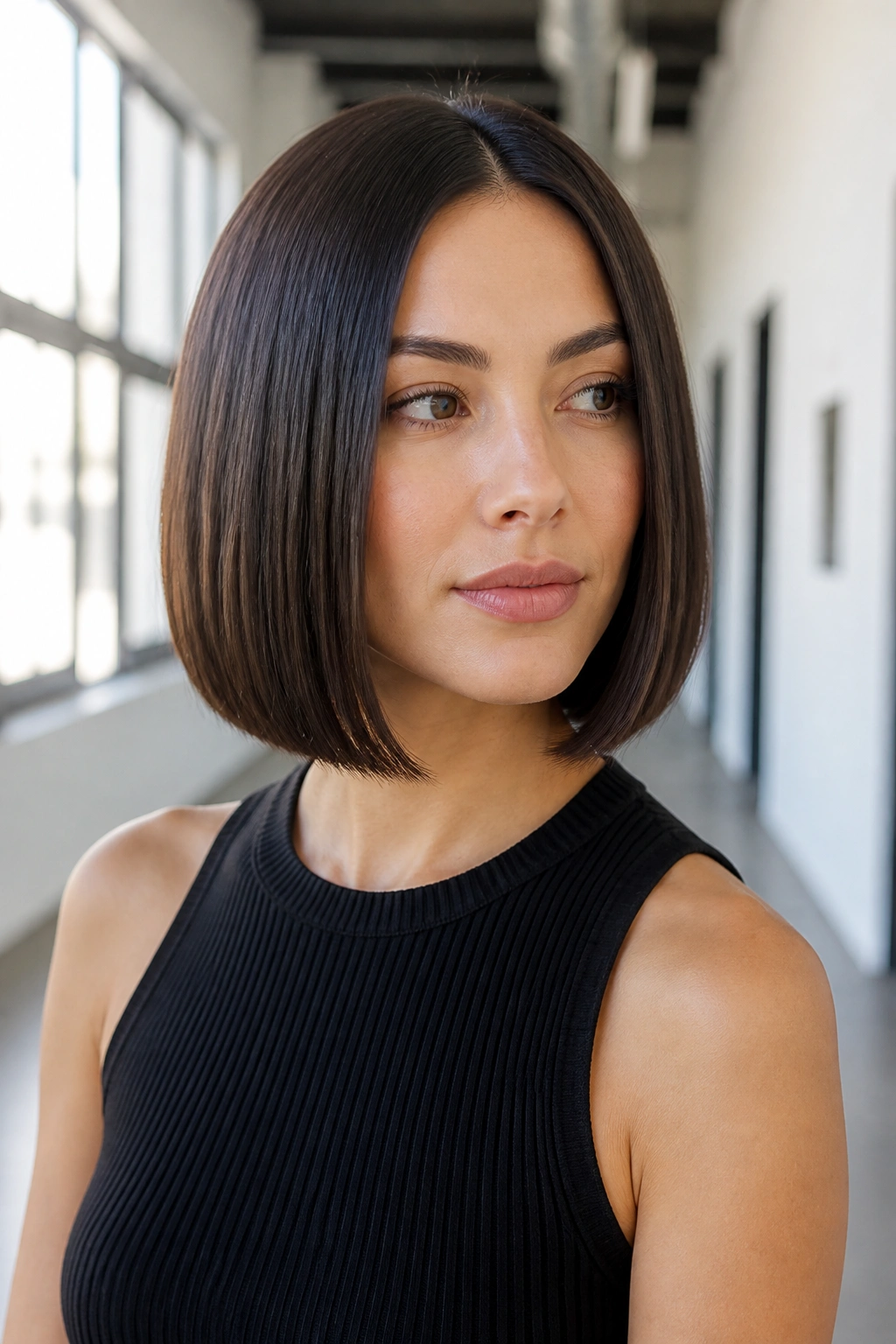 Close-up of real woman with sleek one-length bob