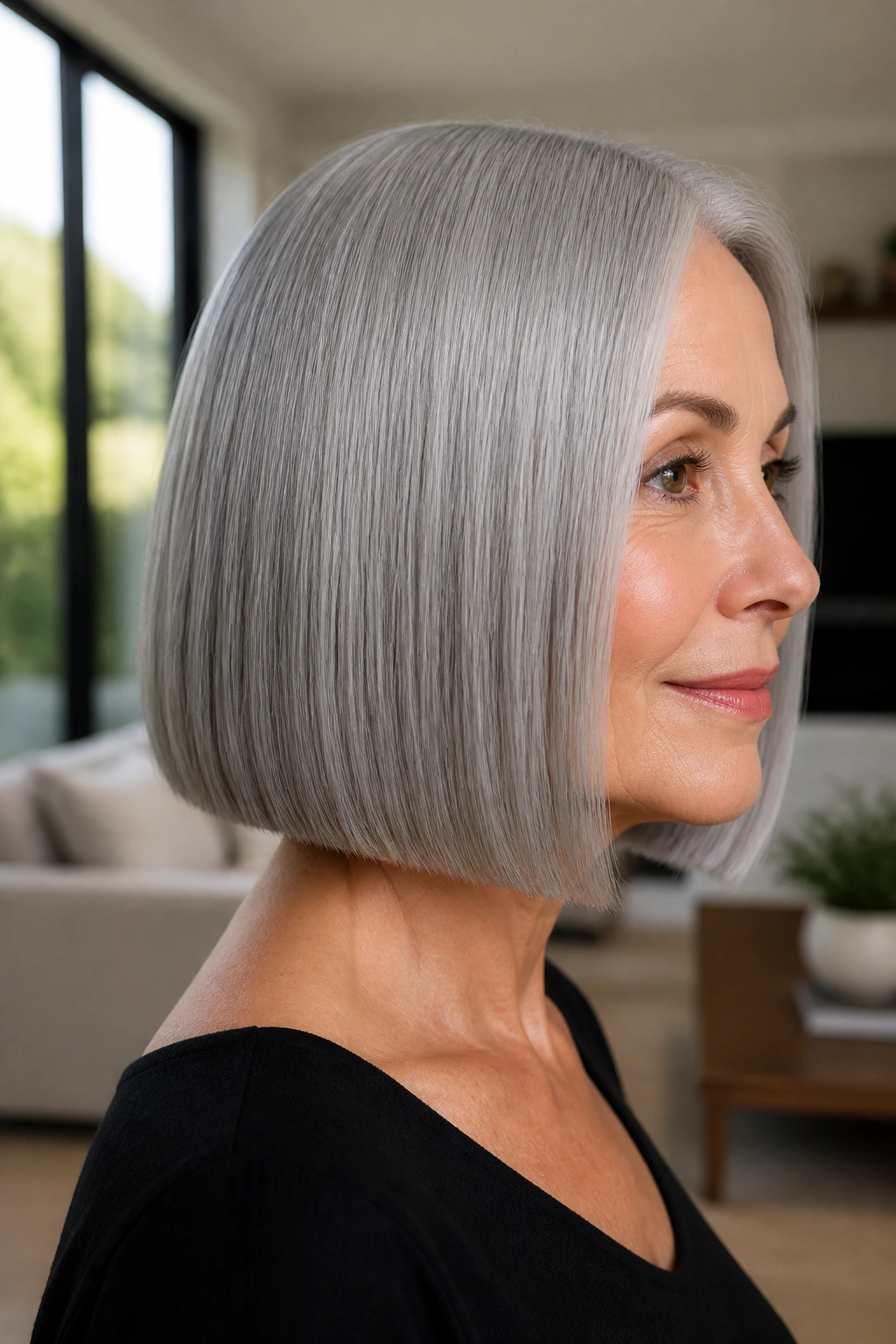 Portrait of a woman with a sleek one-length gray bob and glassy shine