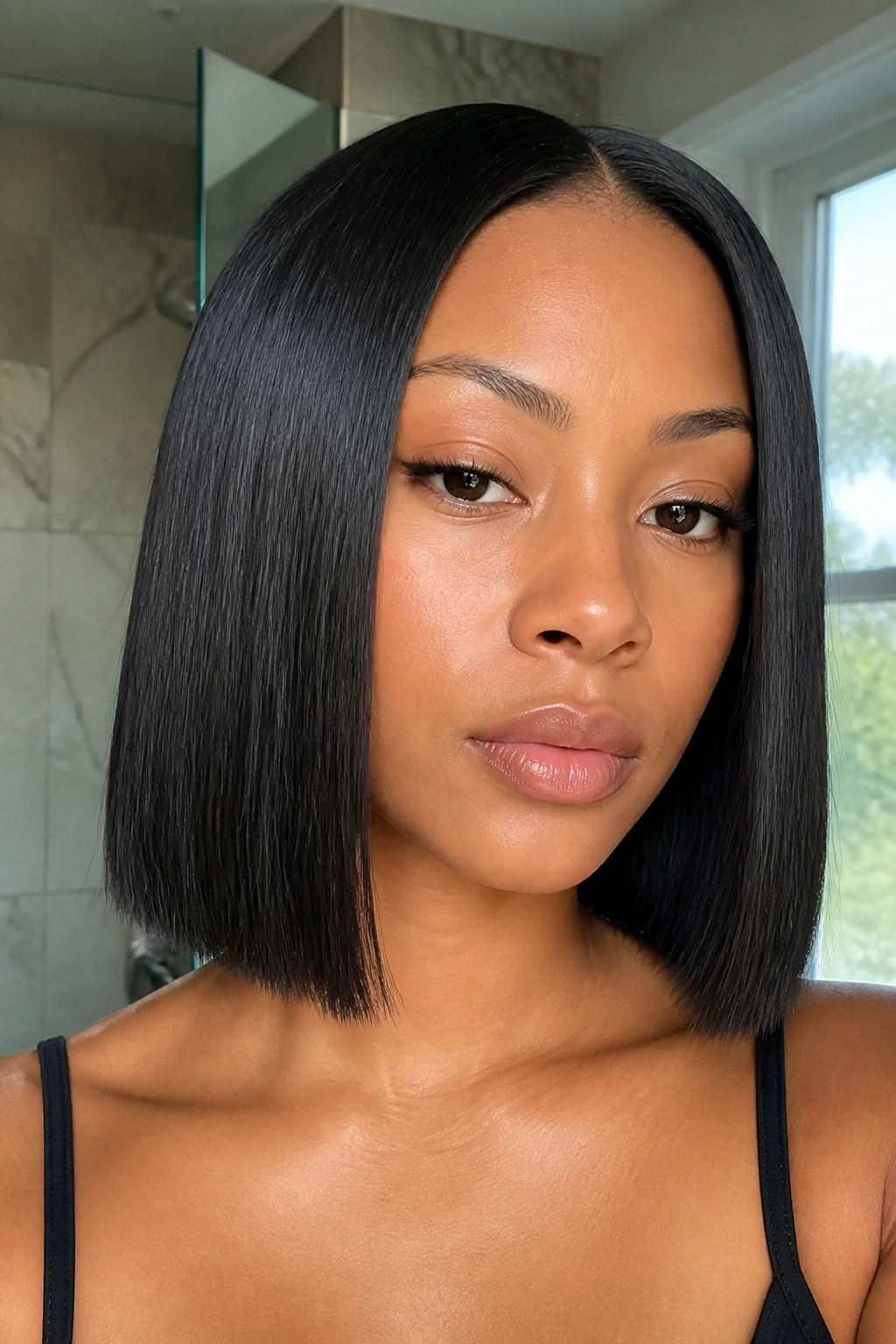 Close-up portrait of a real woman with a sleek, one-length lob and glossy hair.