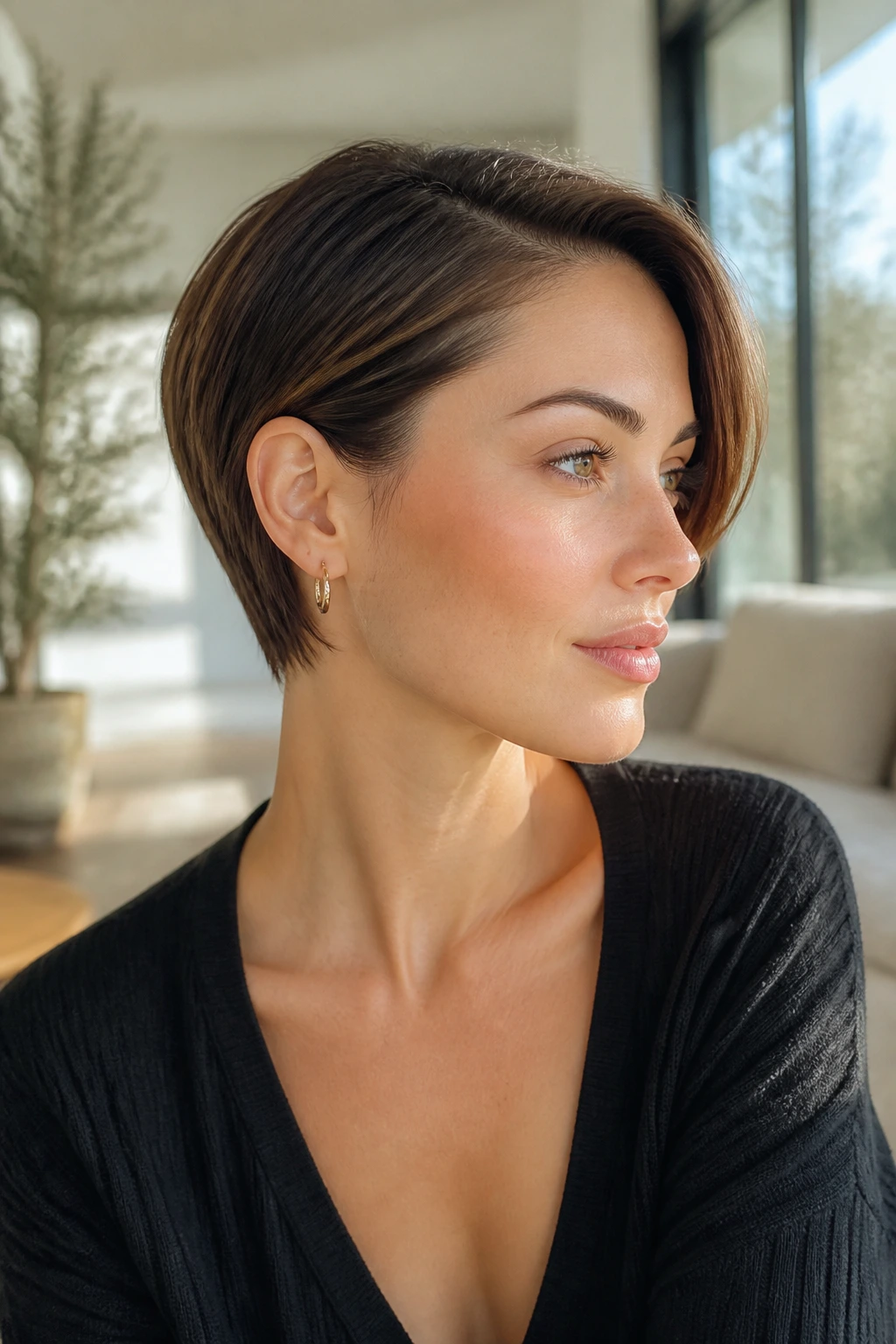Close-up portrait of a real woman with a sleek pixie tucked behind one ear