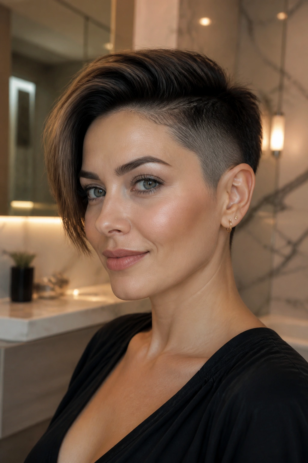 Close-up portrait of a real woman with Sleek Sculpted Pixie With a Clipped Side featuring a sharp clipped side and longer opposite side