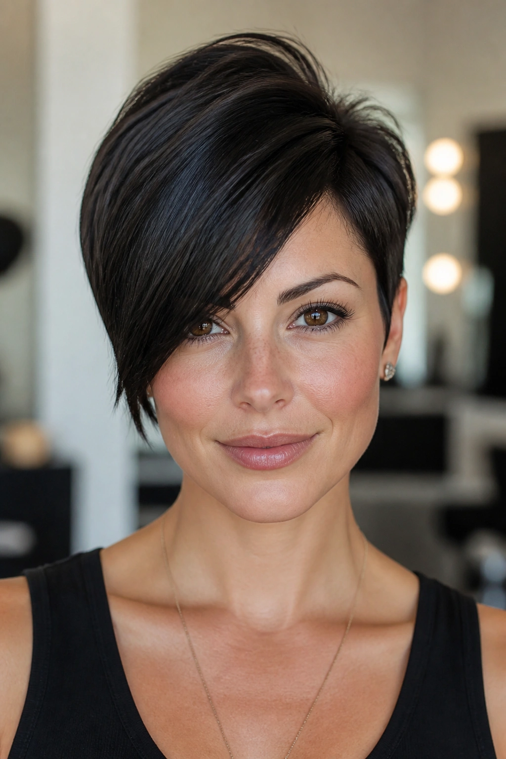 Close-up of a woman with a sleek pixie and long side fringe.