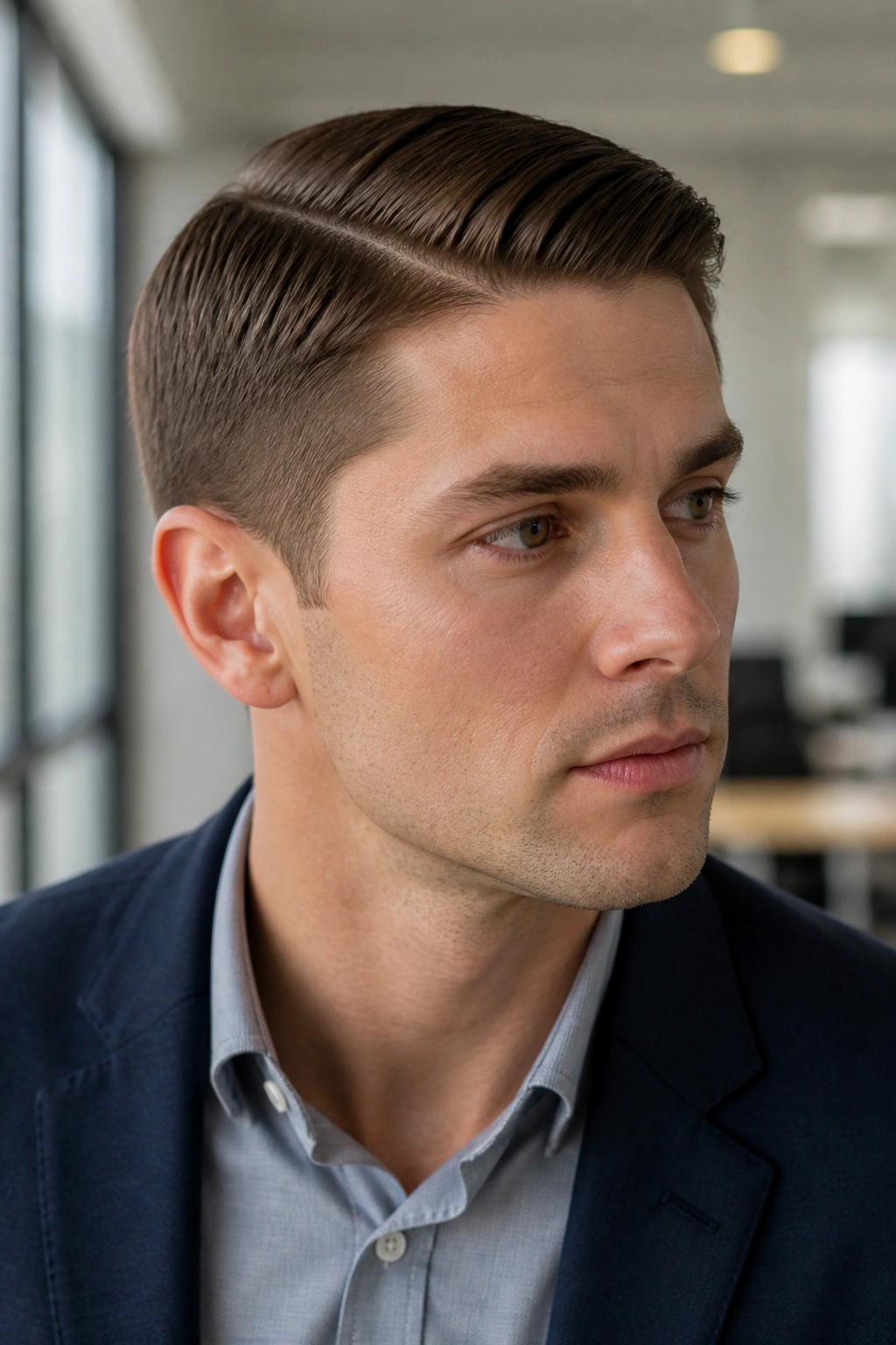 Close-up of man with sleek combed pixie hairstyle in office setting.
