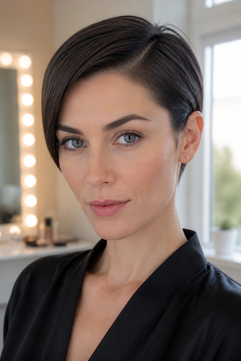 Close-up of a real woman's face showing a sleek tucked pixie behind the ear with a neat side part.