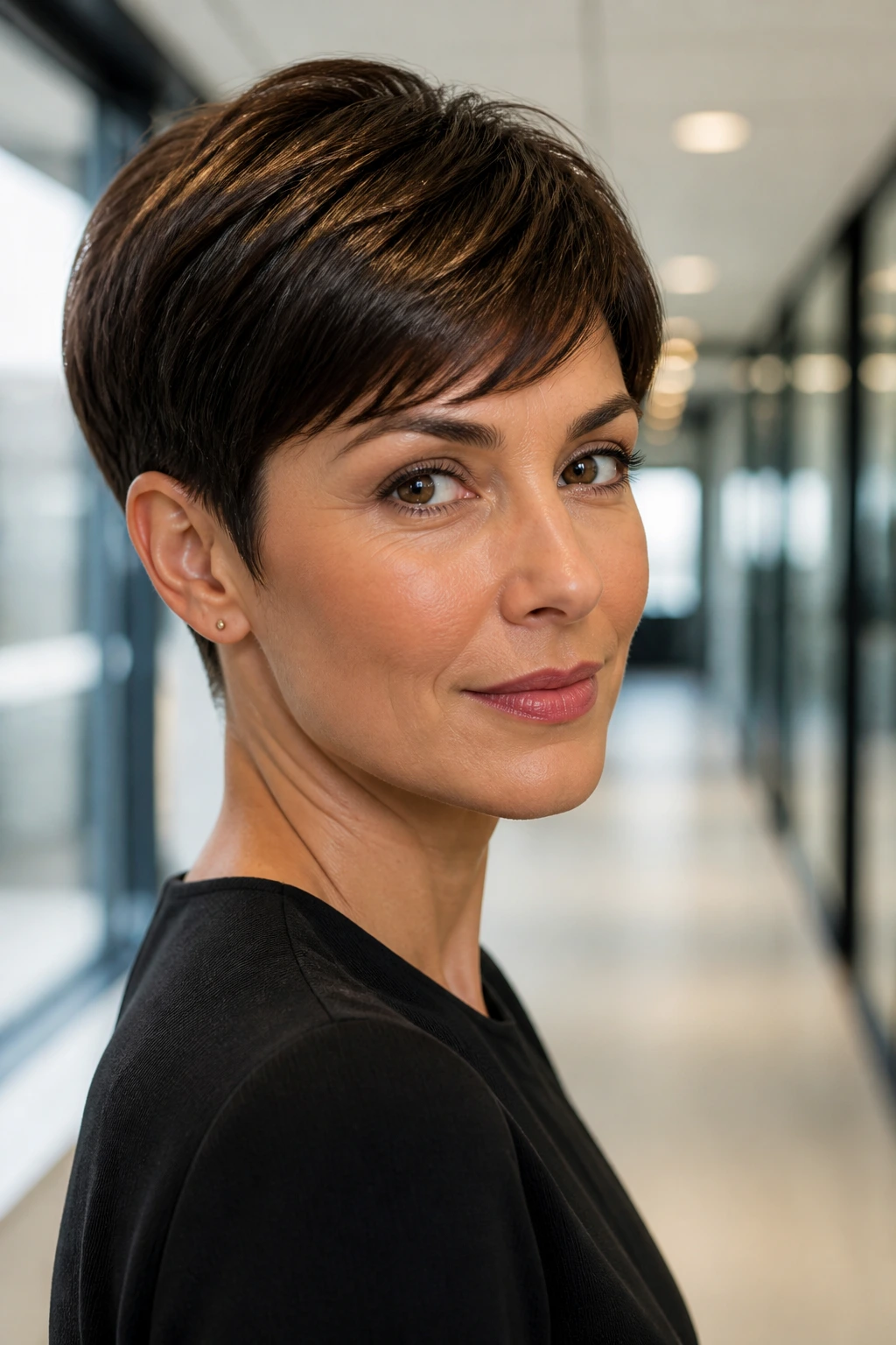 Close-up portrait of a real woman with a sleek polished brunette pixie.