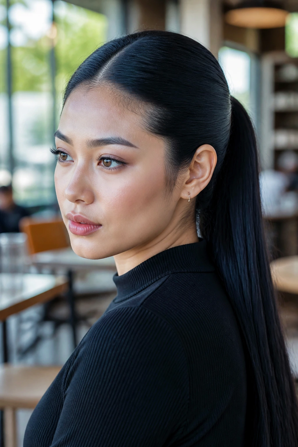 Close-up of sleek center-part ponytail on blue-black hair in a cafe setting.