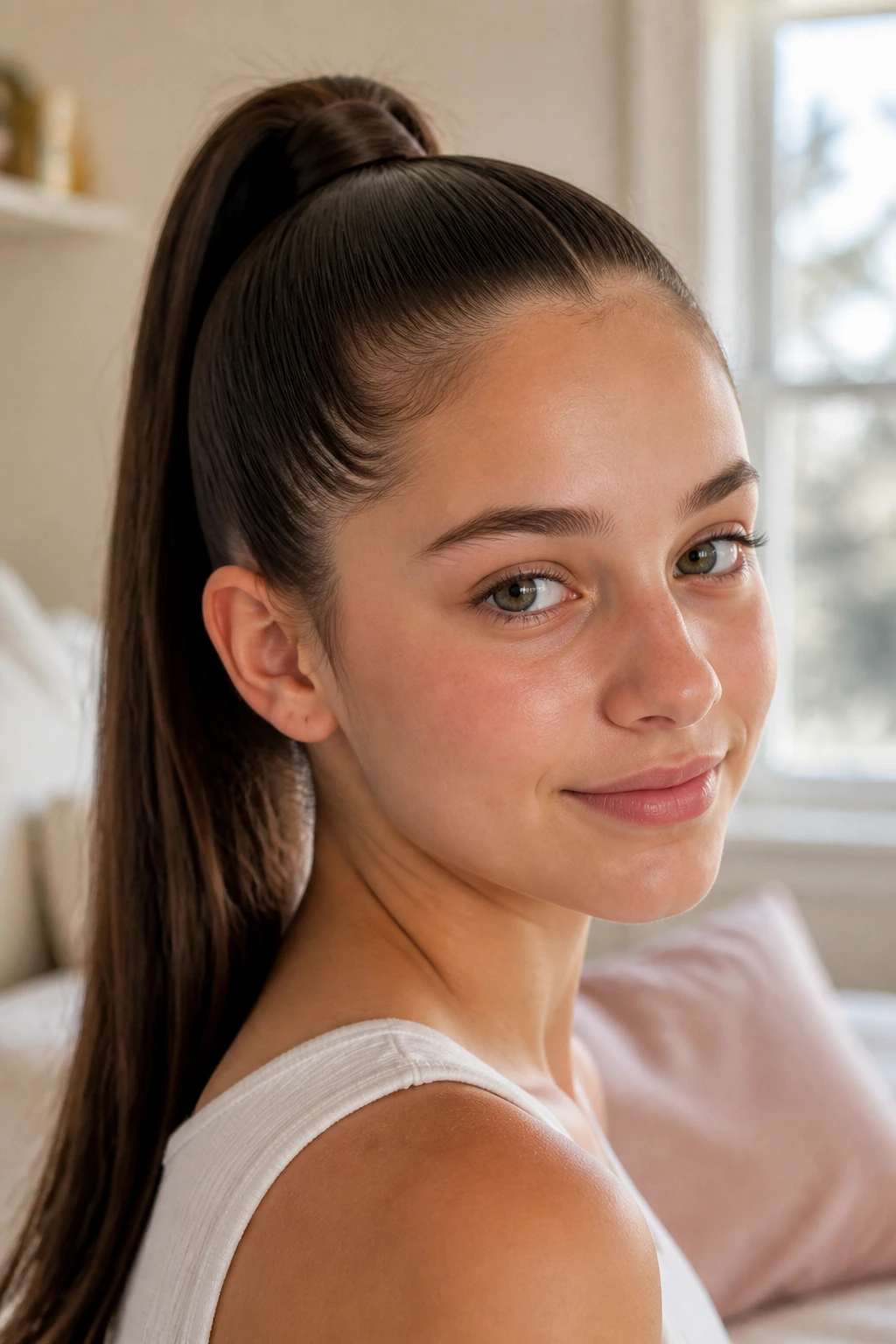 Close-up of a girl with a sleek high ponytail, window-lit bedroom background