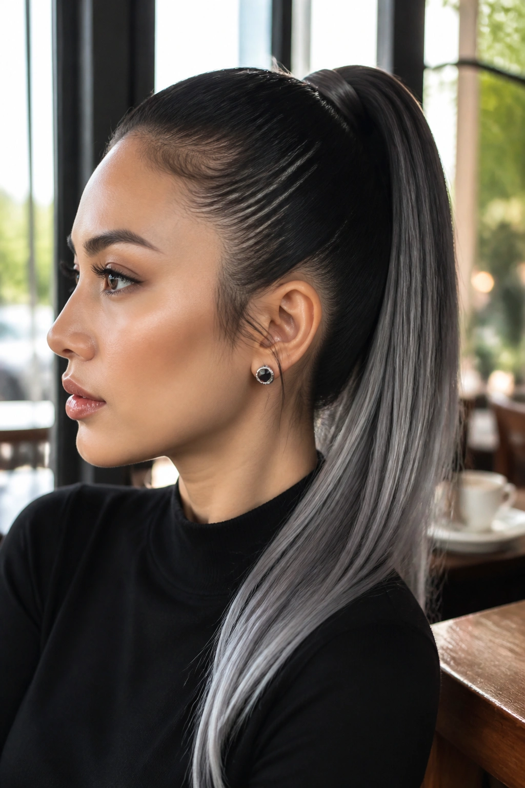 Close-up of a real person with a sleek high ponytail and black-to-silver ombre