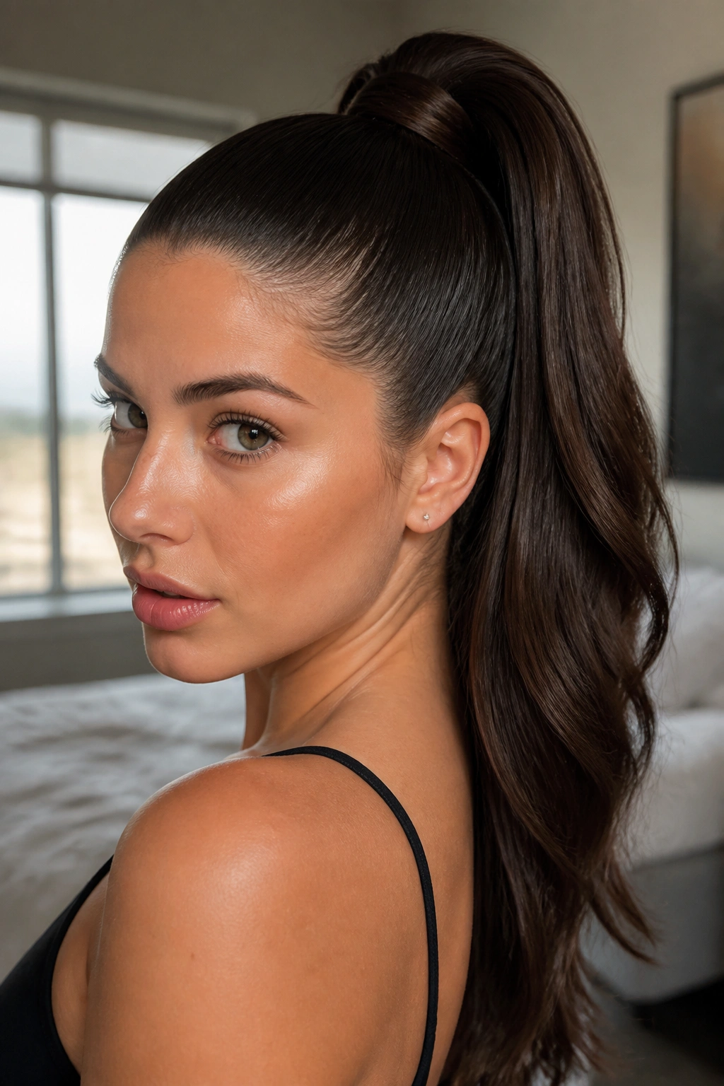 Close-up of a real woman with a sleek high ponytail for thick hair under soft window light