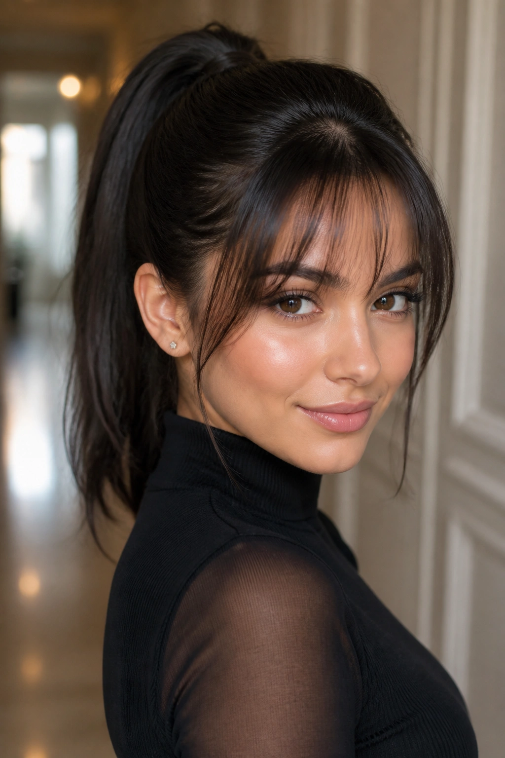 Close-up of real woman with sleek ponytail and veil bangs