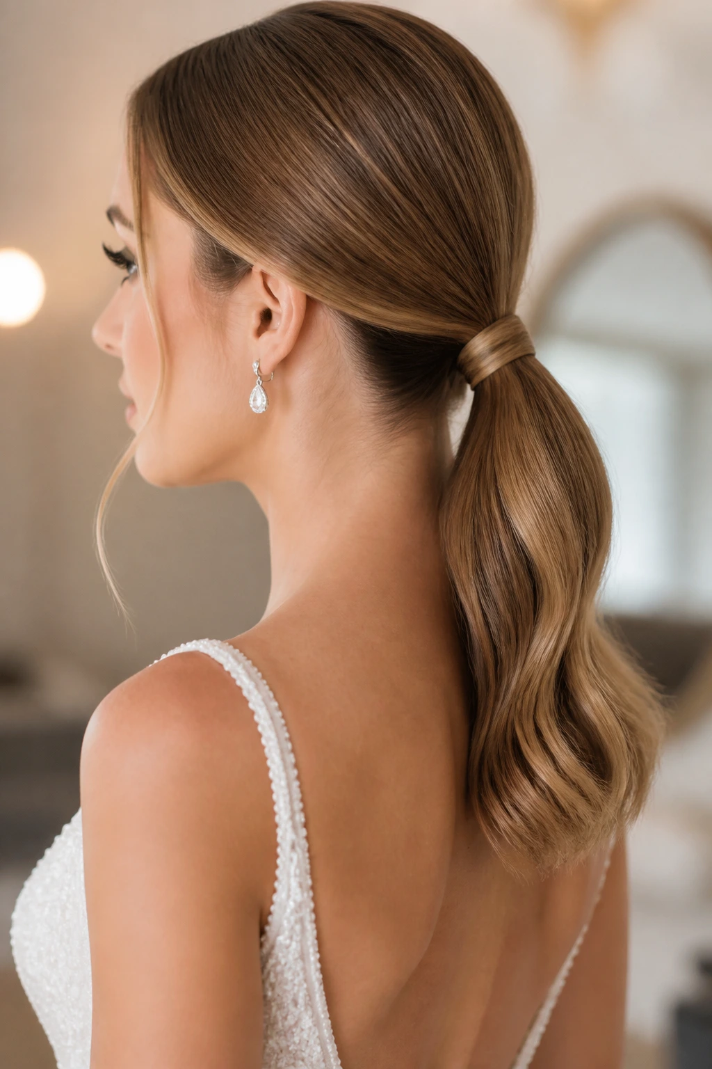 Close-up of a bride with a sleek mid-length ponytail at the nape