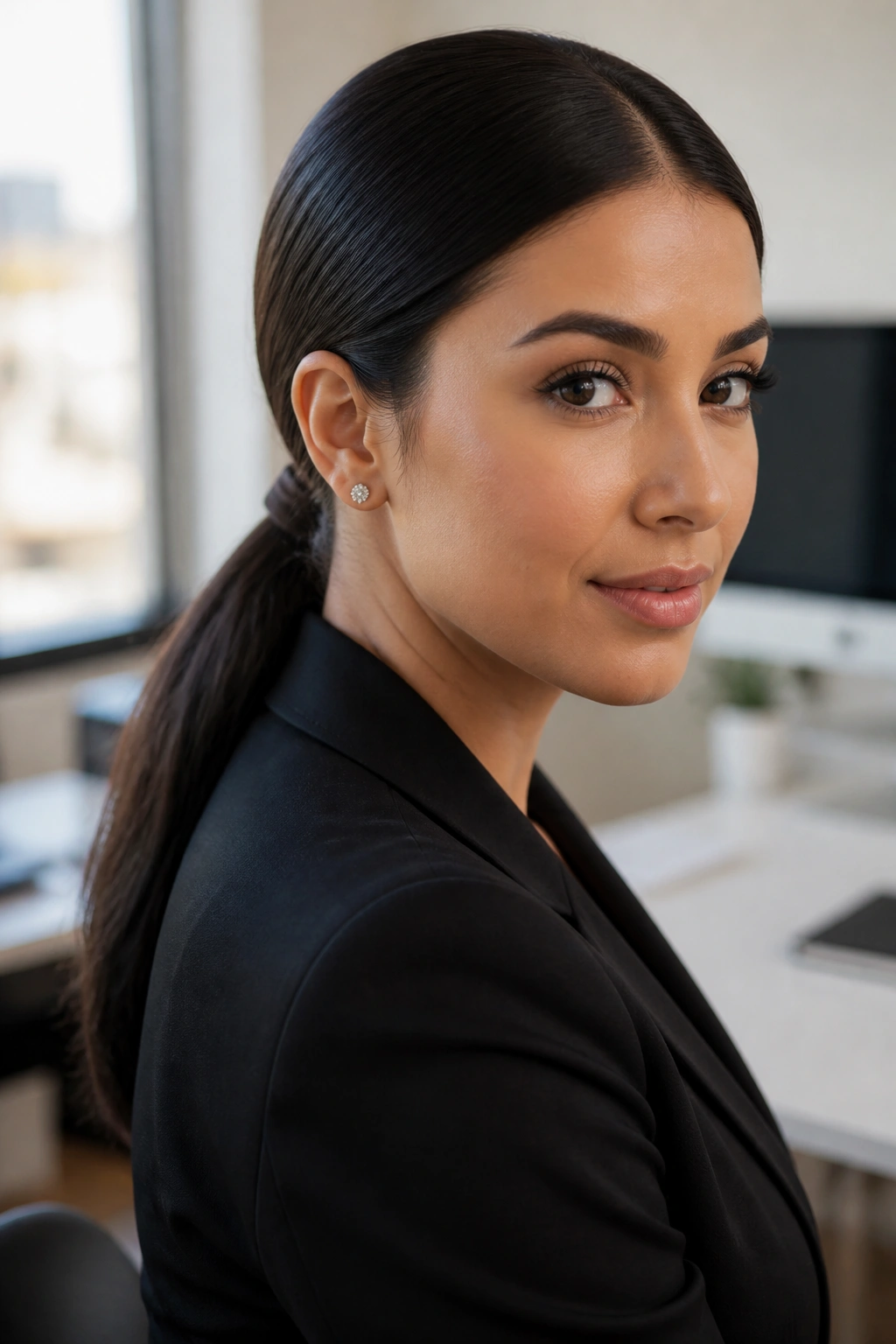 Close-up of a woman with a sleek low ponytail at the nape in an office setting