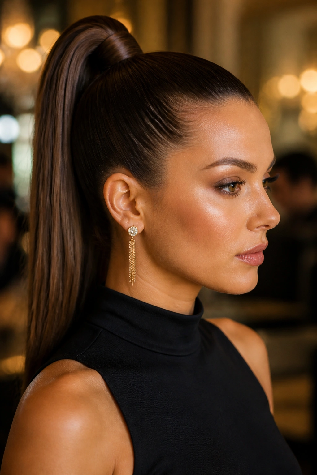 Portrait of a real woman with a sleek high ponytail and wrapped base.