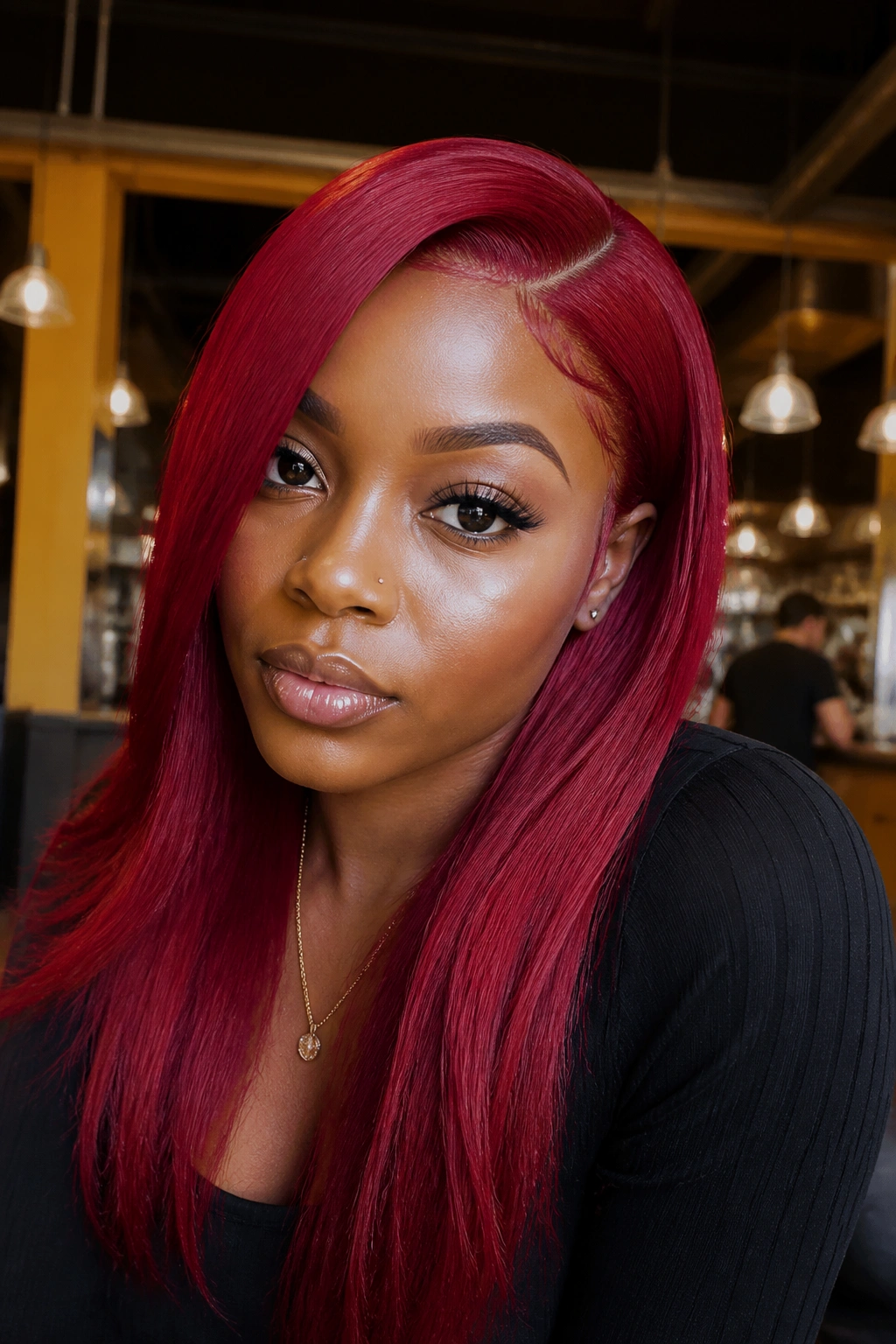 Portrait of a woman wearing a sleek red wig with side part