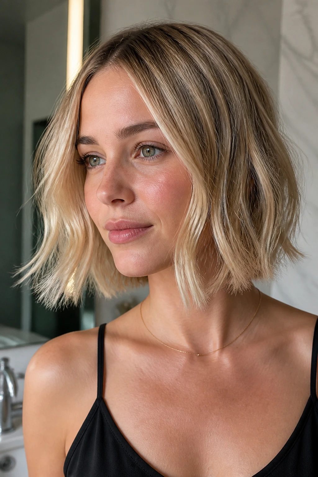 Real woman with sleek-root, messy-ends blonde bob in a bathroom.