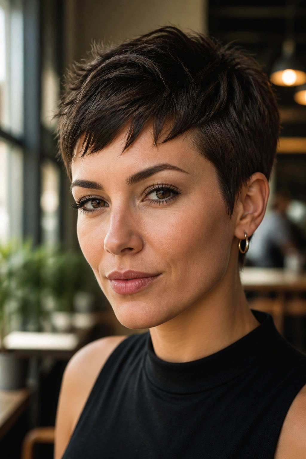 Close-up of a real woman with sleek-rooted choppy pixie in a bright cafe setting