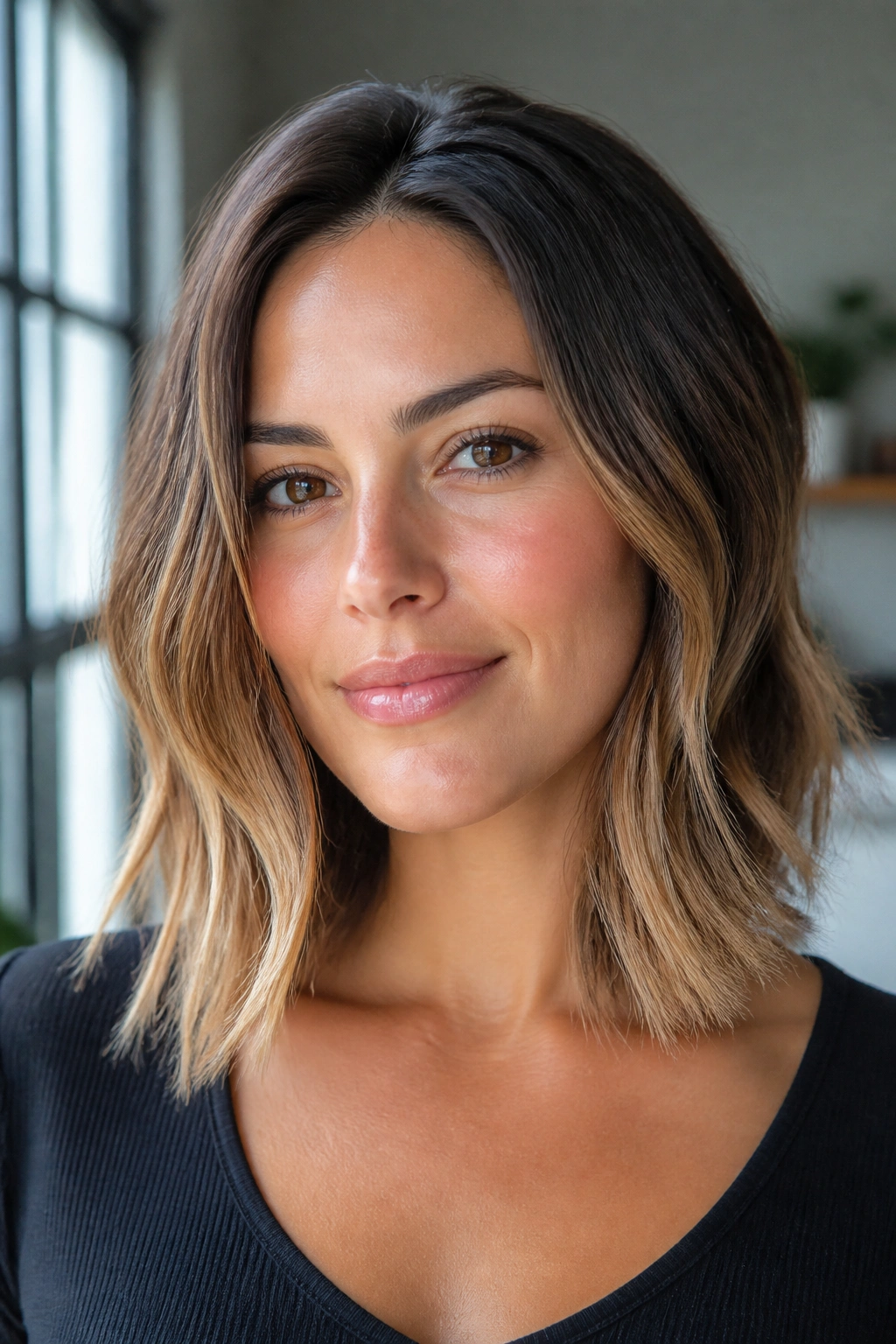 Close-up of a real woman showing sleek root and tousled ends on a lob.