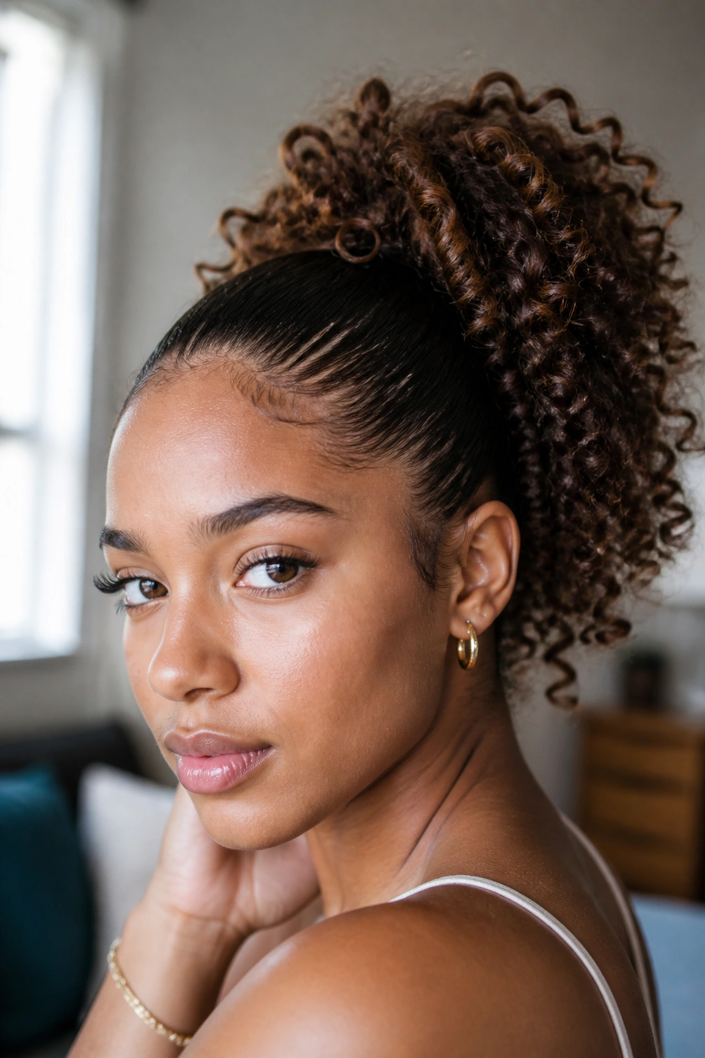 Close-up of a real person with sleek roots and a curly ponytail