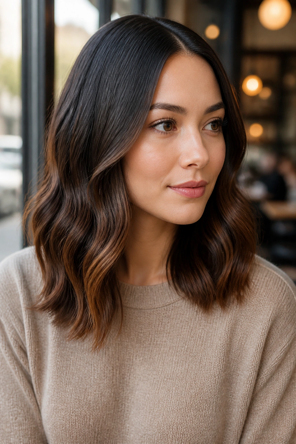 Close-up of a woman with sleek roots and wavy mid-lengths in natural light