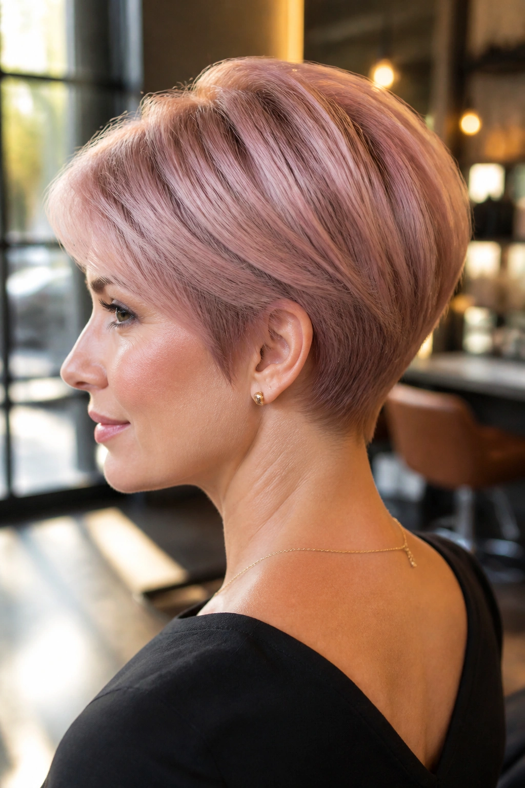 Close-up real woman with sleek rose pixie and rounded nape in a modern salon