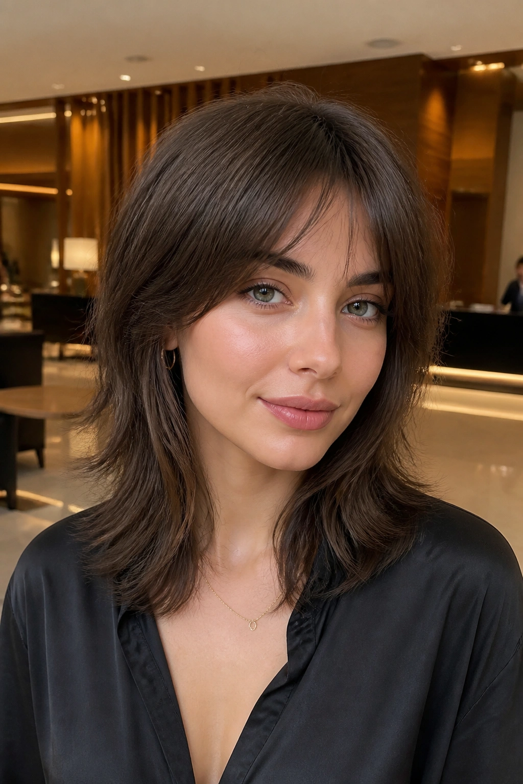 Close-up portrait of real person with sleek shag and hidden layers in warm lobby light.