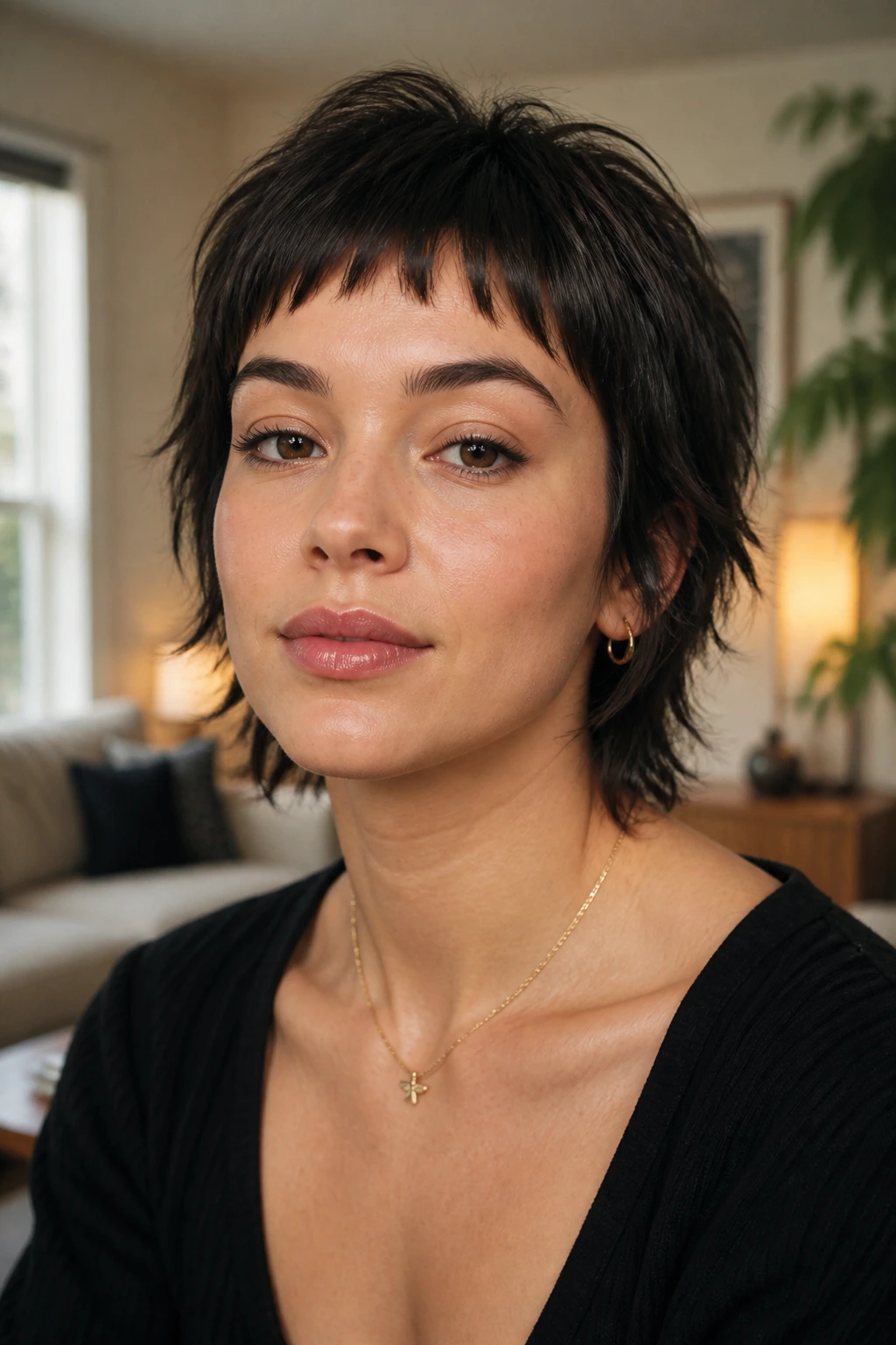 Close-up portrait of a real woman with a Sleek Piecey Shag with Micro Fringe under soft window light